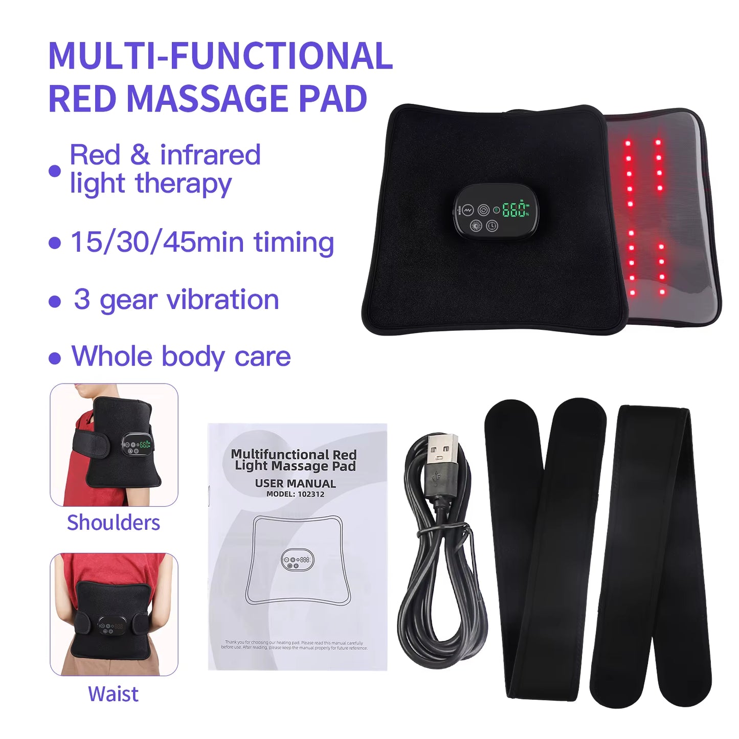 Red&Infrared LED Light Therapy Belt Waist Pad Vibration Massage Burn Fat Wrap Slimming Machine Relax Body Repair Skin